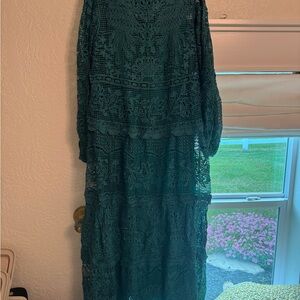 Farm Rio Long Sleeve Guipure Lace Long Sleeve Maxi Dress Green